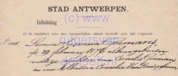 Verklaring Burgerlijke Stand van Gemeente Antwerpen over Leonore Susanna Goemans (1876-1967).
