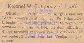 Krantenartikel over afscheid van Kolonel Manta Rutgers van der Loeff (1881-1971) van infanteriebrigade en garnizoen Venlo.