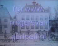Het huis van Abraham Schim van der Loeff (1778-1839), in de Oude Ebbingestraat te Groningen, naast het Groene Weeshuis. Omgegooid nadat Jhr Alberda van Beckenstein (?), kamerheer van de Koningin-moeder, er het laatst woonde. Het huis had prachtige gobelins.