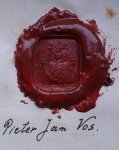 Lakzegel met familiewapen en bijschrift "Pieter Jan Vos"