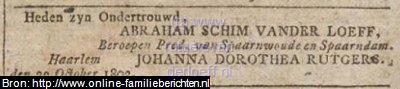 Advertentie Rotterdamse Courant 26-10-1802 met aankondiging van de ondertrouw van Abraham Schim van der Loeff (1778-1839) en Johanna Dorothea Rutgers (1779-1859).