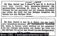 Twee krantenartikelen over een Koninklijk Besluit van 3 maart 1934 waarin aan Herman Johan Schim van der Loeff (1891-1944) "verlof verleend is tot het aannemen van het vreemde eere-teeken van Ridder der Orde van den Heiligen Gregorius den Groote van den Heiligen Stoel".