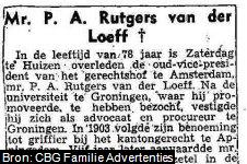 Krantenartikel over het overlijden van Paulus Adrianus Rutgers van der Loeff (1870-1949).