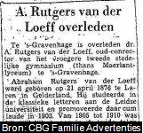 Krantenartikel over het overlijden van Abraham Rutgers van der Loeff (1876-1962).