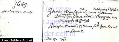 Huwelijksakte van "Herman Manschot, weduwnaar van Catarijna Elisabet Swart - onder Compagnije van Mijnheer Rijswijck" en "Aeltjen Navis, dochter van (???) Jan Navis in Lintelo". Huwelijksdatum is 3 Maart 1689, datum van ondertrouw is 10 Februari 1689.