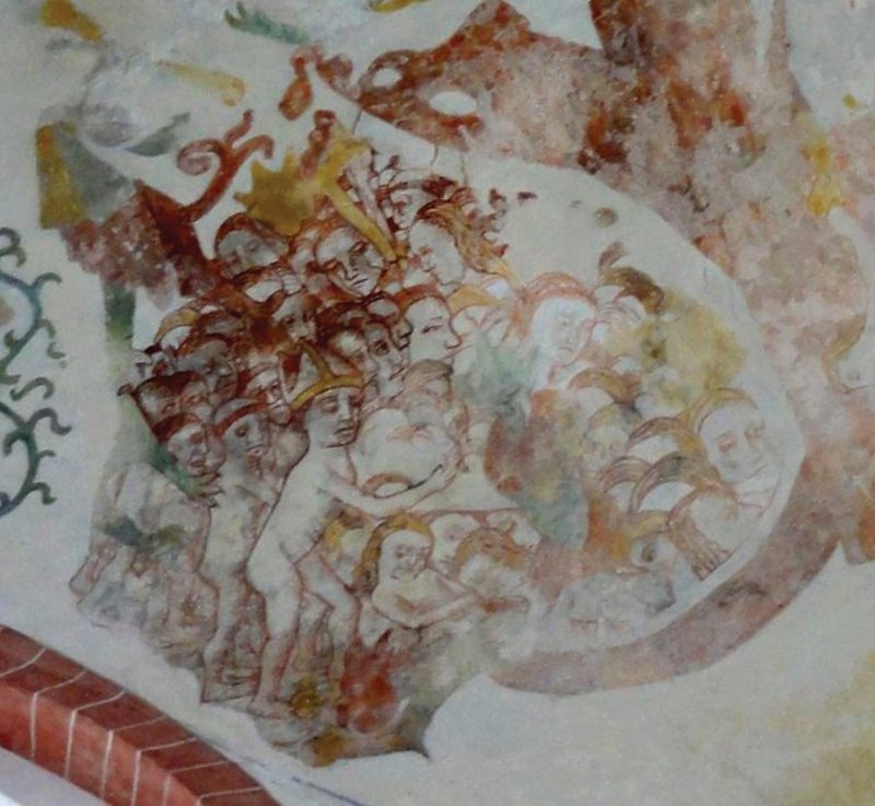 Foto van fragment van het laatste oordeel in de kerk van Noordbroek