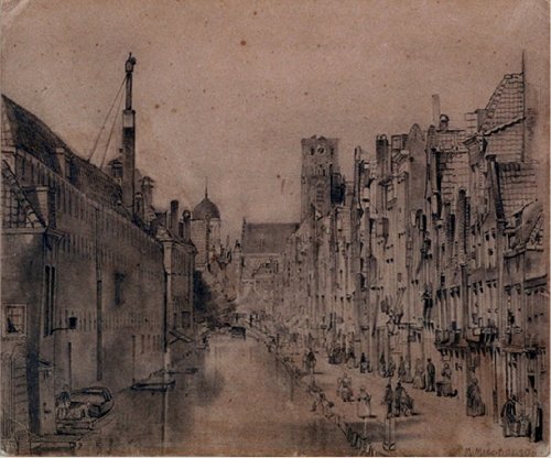 Prent van de tekenaar Matthijs Michielsen Prent van de tekenaar Matthijs Michielsen met het gasthuis aan de Hoogstraat in Rotterdam.