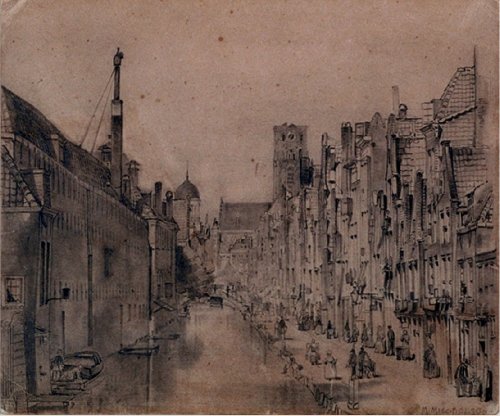 Prent van de tekenaar Matthijs Michielsen met het gasthuis aan de Hoogstraat in Rotterdam.