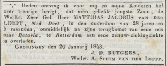 Overlijdensadvertentie van Matthias in de Groninger Courant d.d. 24 januari 1843 Afbeelding van de overlijdensadvertentie van Matthias in de Groninger Courant d.d. 24 januari 1843