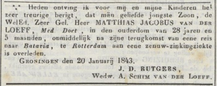 Afbeelding van de overlijdensadvertentie van Matthias in de Groninger Courant d.d. 24 januari 1843