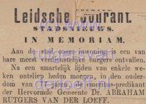 Overlijdensbericht uit Leidsche Courant 14 Juli 1885 van Abraham Rutgers van der Loeff (1808-1885).