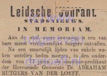Overlijdensbericht uit Leidsche Courant 14 Juli 1885 van Abraham Rutgers van der Loeff (1808-1885).