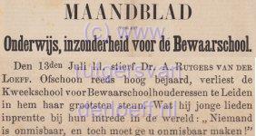 Overlijdensbericht uit Maandblad Bewaarschool Augustus 1885 van Abraham Rutgers van der Loeff (1808-1885).