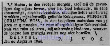 Overlijdensbericht Mingste Christina Voss (1789-1826). Glasnegatief.