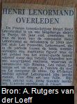 Krantenartikel n.a.v. het overlijden van Emile Henri René Lenormand (1882-1951), echtgenoot van Johanna Maria Kalff (1874-1959).