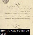 Huwelijks bevestigingsbriefje, waarin verklaard wordt dat Hubert Philippus de Kanter (1844-1906) en Romelia Rutgers van der Loeff (1854-1934) "zijn echte lieden, die niet alleen voor de Regering dezer Stad in den huwelijken staat vereenigd zijn, maar ook in onze Kerk in den Echt plechtig zijn ingezegend". Getekend te Leiden op 27 mei 1874, door H. Guagen, predikant.