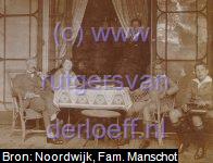 V.l.n.r. Egbert Willem Frederik Postel (1873-1944), Johanna Geertruid Manschot (1879-1944), Anna Gesiena Tenkink (1850-1930), Frans Leonard Postel (1908-1993), Willem Arnold Manschot (1915-2010) en Hendrik Johan Gerard Postel (1915-1994). Ca. 1930.