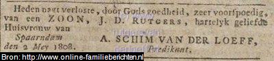 Advertentie Rotterdamse Courant 05-05-1808 met aankondiging van de geboorte van Abraham Rutgers van der Loeff (1808-1885) door zijn ouders Abraham Schim van der Loeff (1778-1839) en Johanna Dorothea Rutgers (1779-1859).