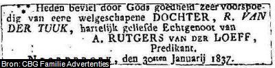 Geboorteadvertentie van Suzanna Maria Rutgers van der Loeff (1837-1917)