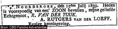 Geboorteadvertentie van Abraham Rutgers van der Loeff (1839-1886)