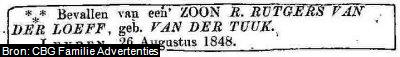 Geboorteadvertentie van Manta Rutgers van der Loeff (1848-1889)