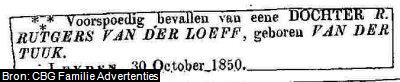 Geboorteadvertentie van Ellegonda Duranda Rutgers van der Loeff (1850-1935)