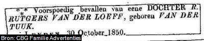 Geboorteadvertentie van Ellegonda Duranda Rutgers van der Loeff (1850-1935)