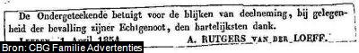 Geboorte bedank-advertentie van Romelia Rutgers van der Loeff (1854-1934)