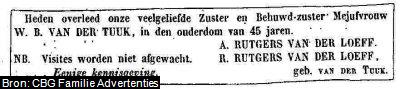 Overlijdensadvertentie van Wobbina Brechtina van der Tuuk (1824-1869).