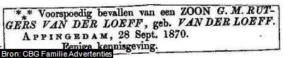 Geboorteadvertentie van Paulus Adrianus Rutgers van der Loeff (1870-1949)