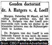 Krantenartikel over gouden doctoraat van dr. Abraham Rutgers van der Loeff (1876-1962).