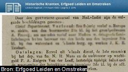 Artikel uit Leidsch Dagblad van 14 Maart 1883, waarin melding wordt gemaakt van het eervol ontslag van Pieter Arnoud Rutgers van der Loeff (1842-1889). Zijn vader Abraham Rutgers van der Loeff (1808-1885) maakt hier ook melding van in zijn dagboek op dezelfde datum.